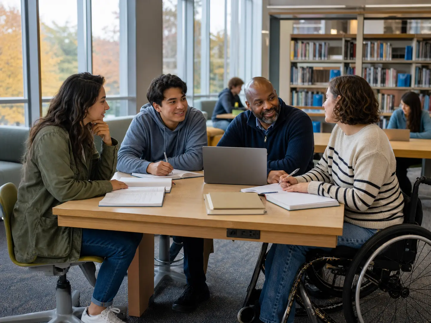 Students studying together inside the fictional campus learning commons