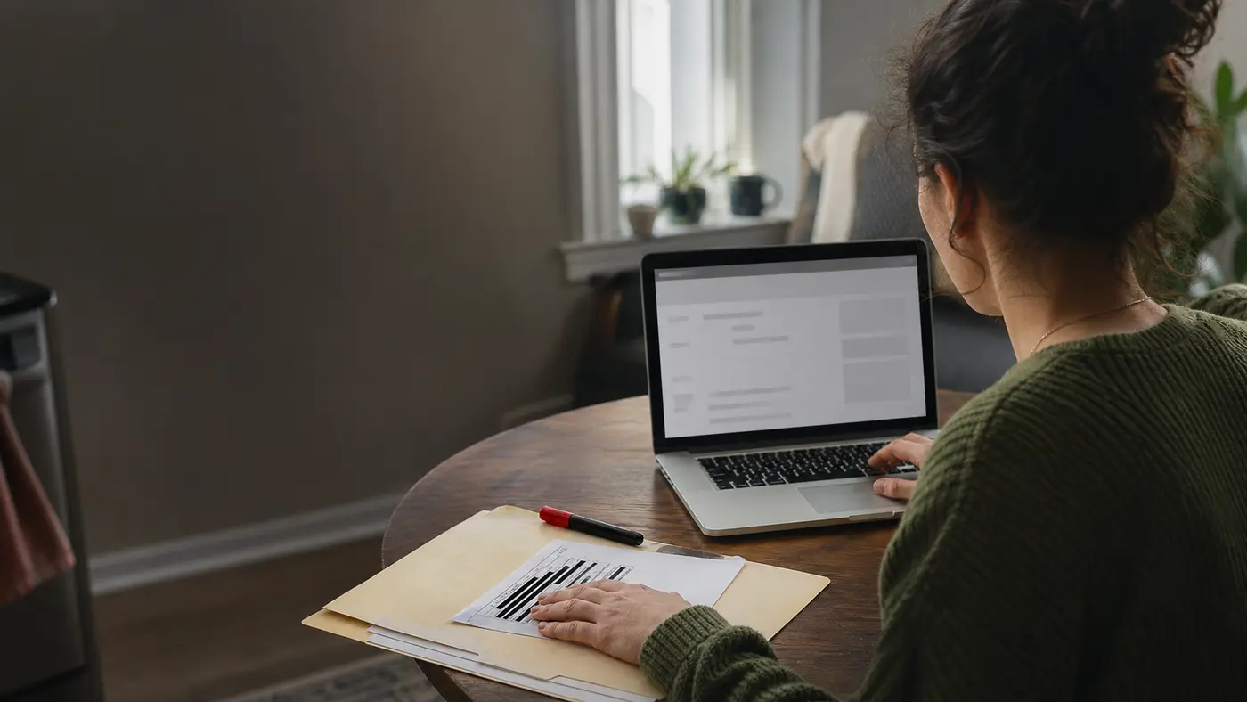 An identity-theft victim working through case paperwork at a desk
